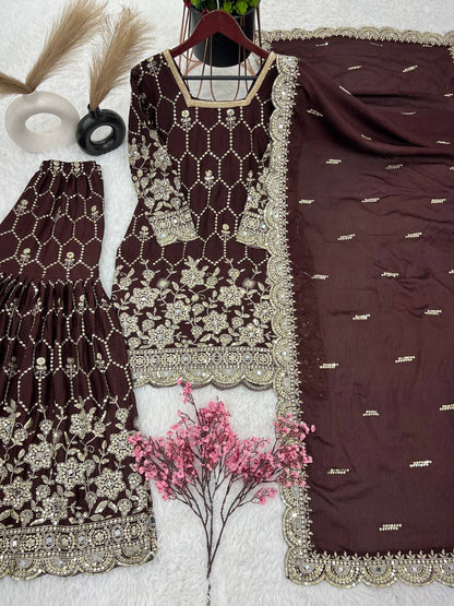 Stylish Wine Color Embroidery Mirror Work Sharara Suit