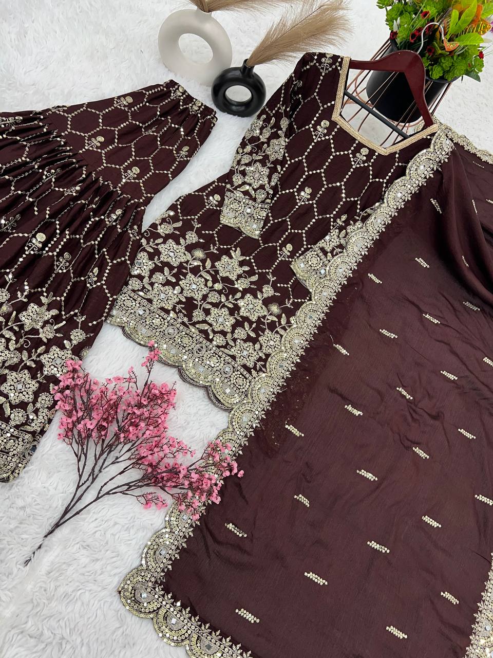Stylish Wine Color Embroidery Mirror Work Sharara Suit