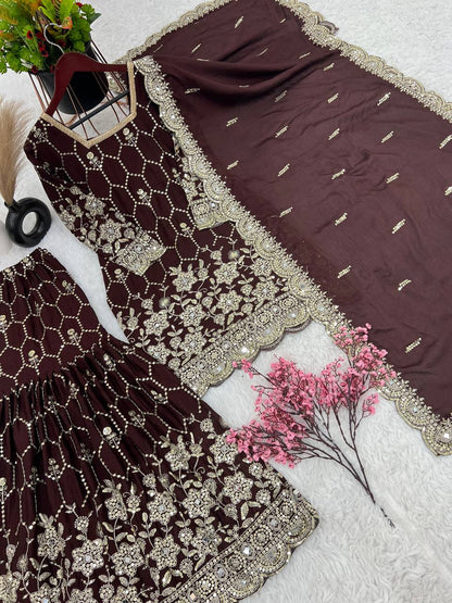 Stylish Wine Color Embroidery Mirror Work Sharara Suit