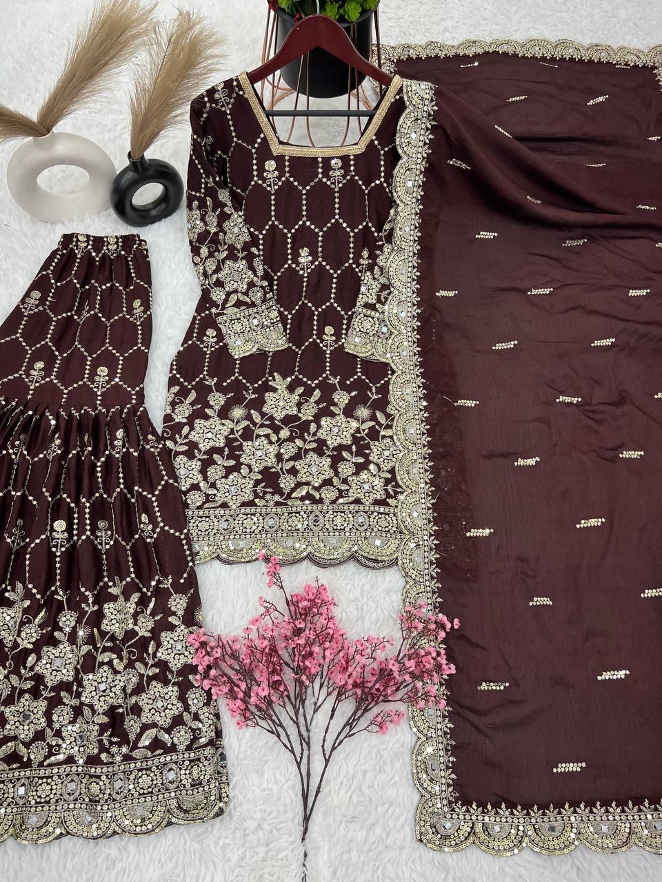 Stylish Wine Color Embroidery Mirror Work Sharara Suit