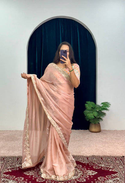 Heavy Border Peach Saree With Embroidery Work Blouse