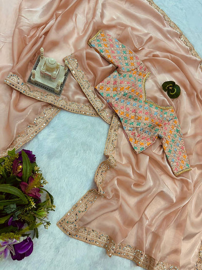 Heavy Border Peach Saree With Embroidery Work Blouse