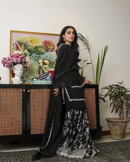 Festive Wear Black Color Embroidery Work Sharara Suit