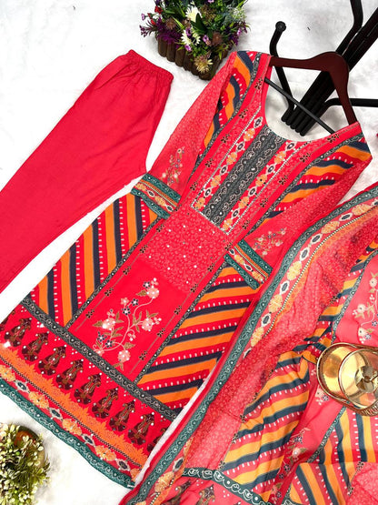 Stunning Red Color Multi Print Salwar Suit