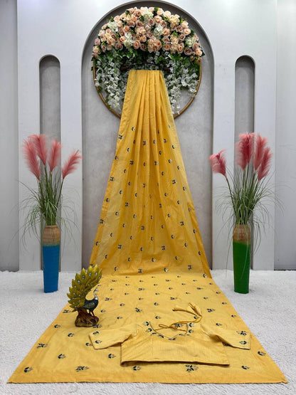 Opulent Yellow Color Sequence Thread Work Saree