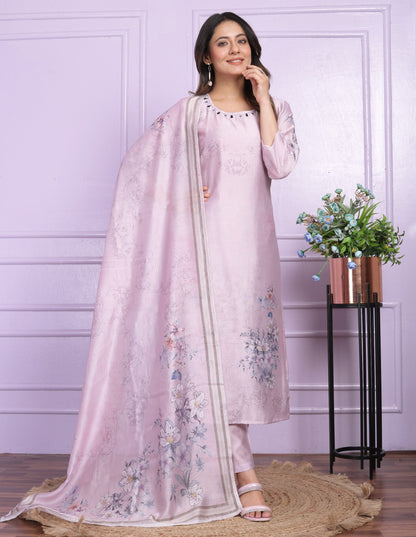 Trendy Lavender Printed Straight Kurti Set With Dupatta
