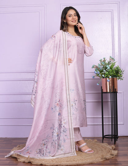 Trendy Lavender Printed Straight Kurti Set With Dupatta