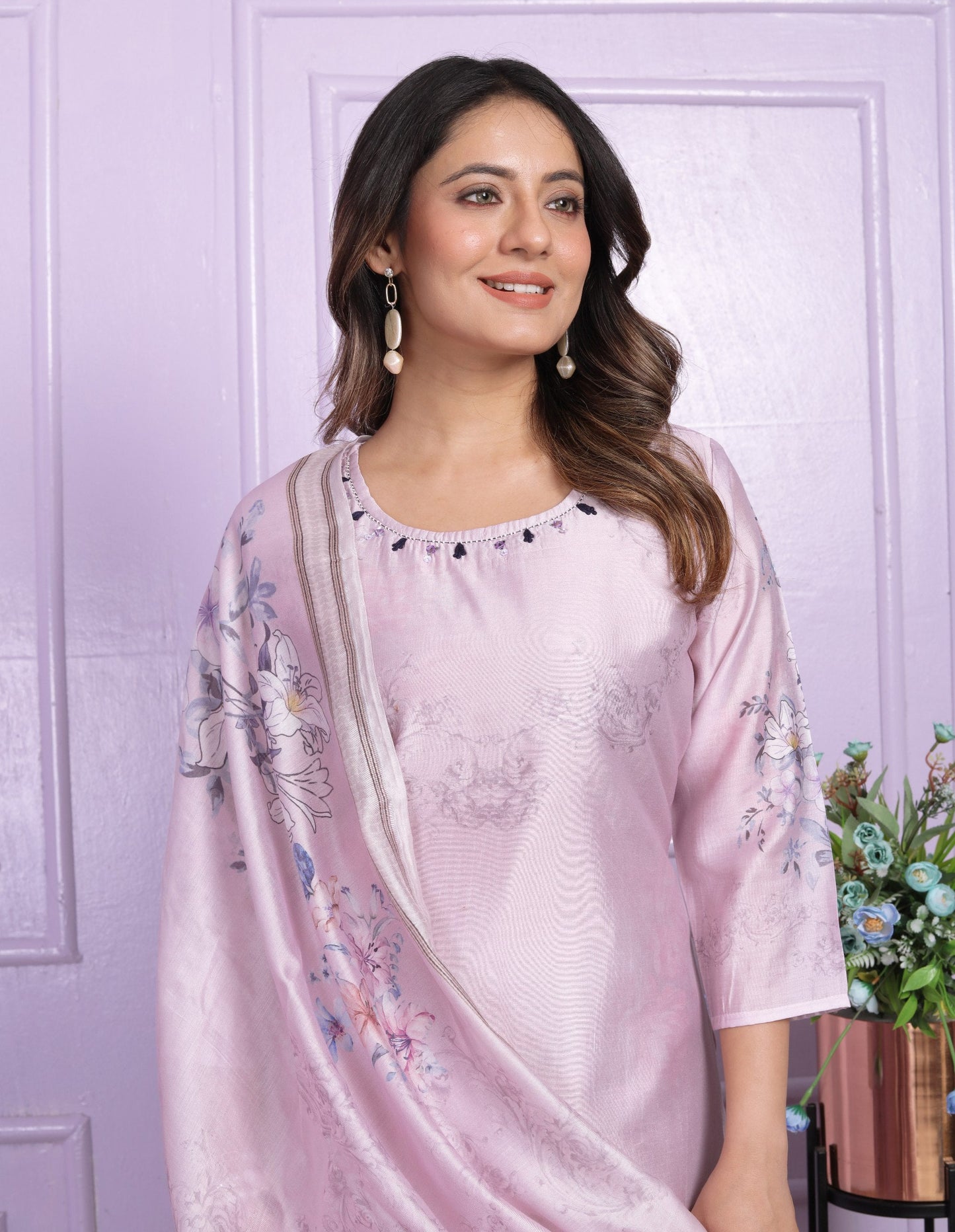 Trendy Lavender Printed Straight Kurti Set With Dupatta