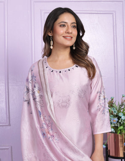 Trendy Lavender Printed Straight Kurti Set With Dupatta