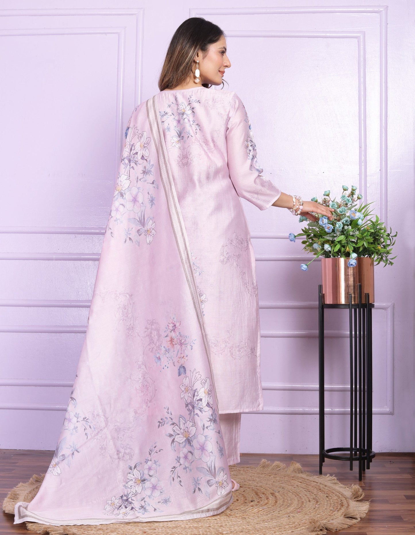 Trendy Lavender Printed Straight Kurti Set With Dupatta