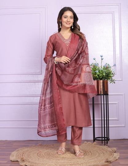Peach Color V Neck Straight Kurti Pair With Dupatta