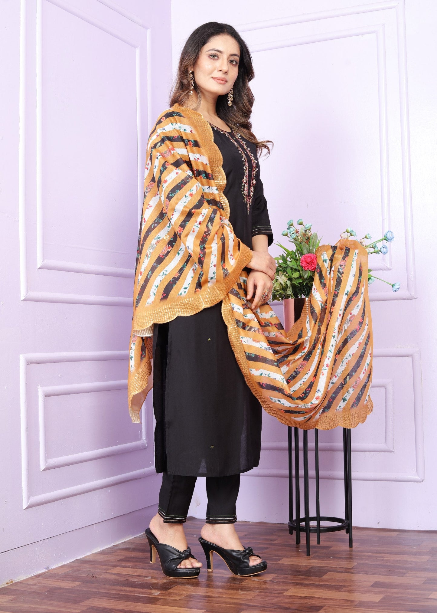 Black Color Kurti Set With Mustard Leheriya Dupatta