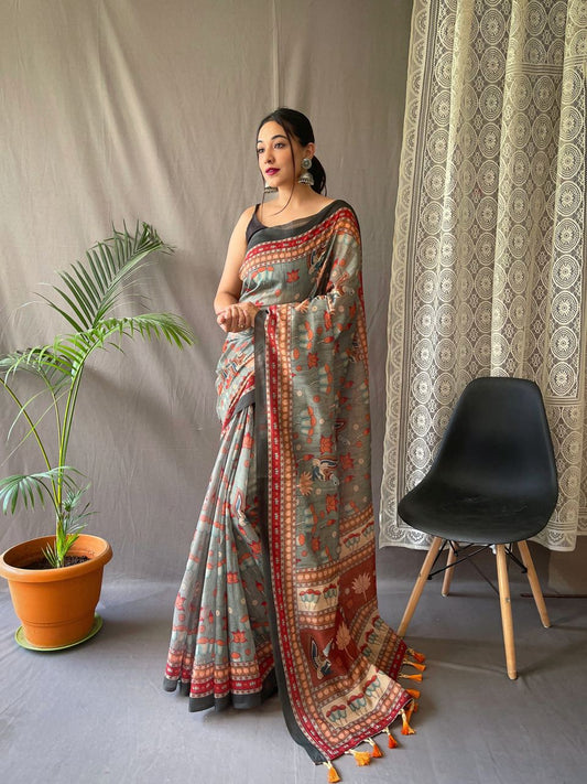 Elegant Kalamkari Pattern Green Color Cotton Saree