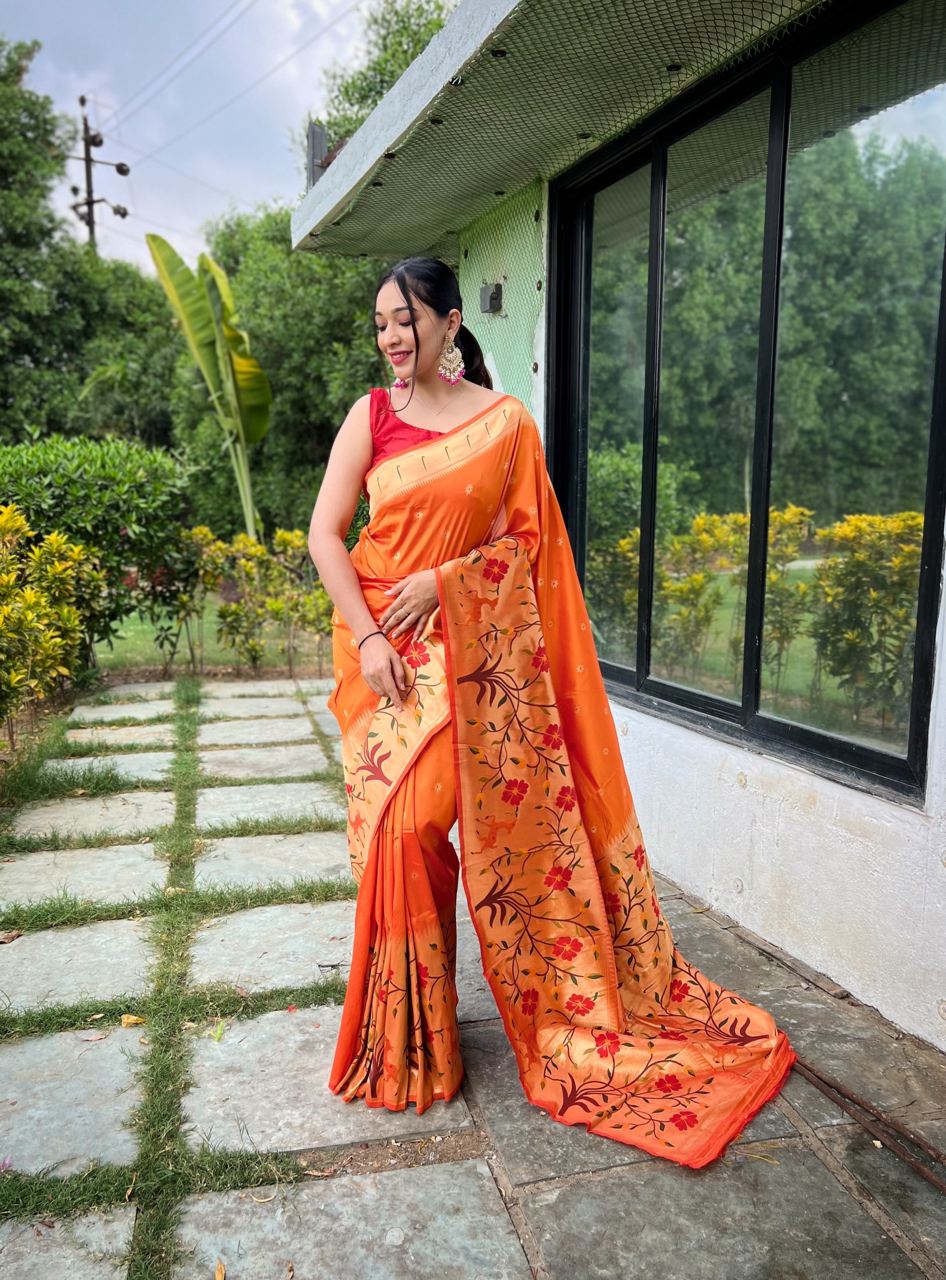 Rich Pallu Orange Color Paithani Silk Saree