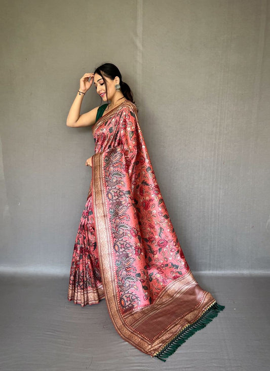 Gorgeous Pink Color Kalamkari Print Silk Saree