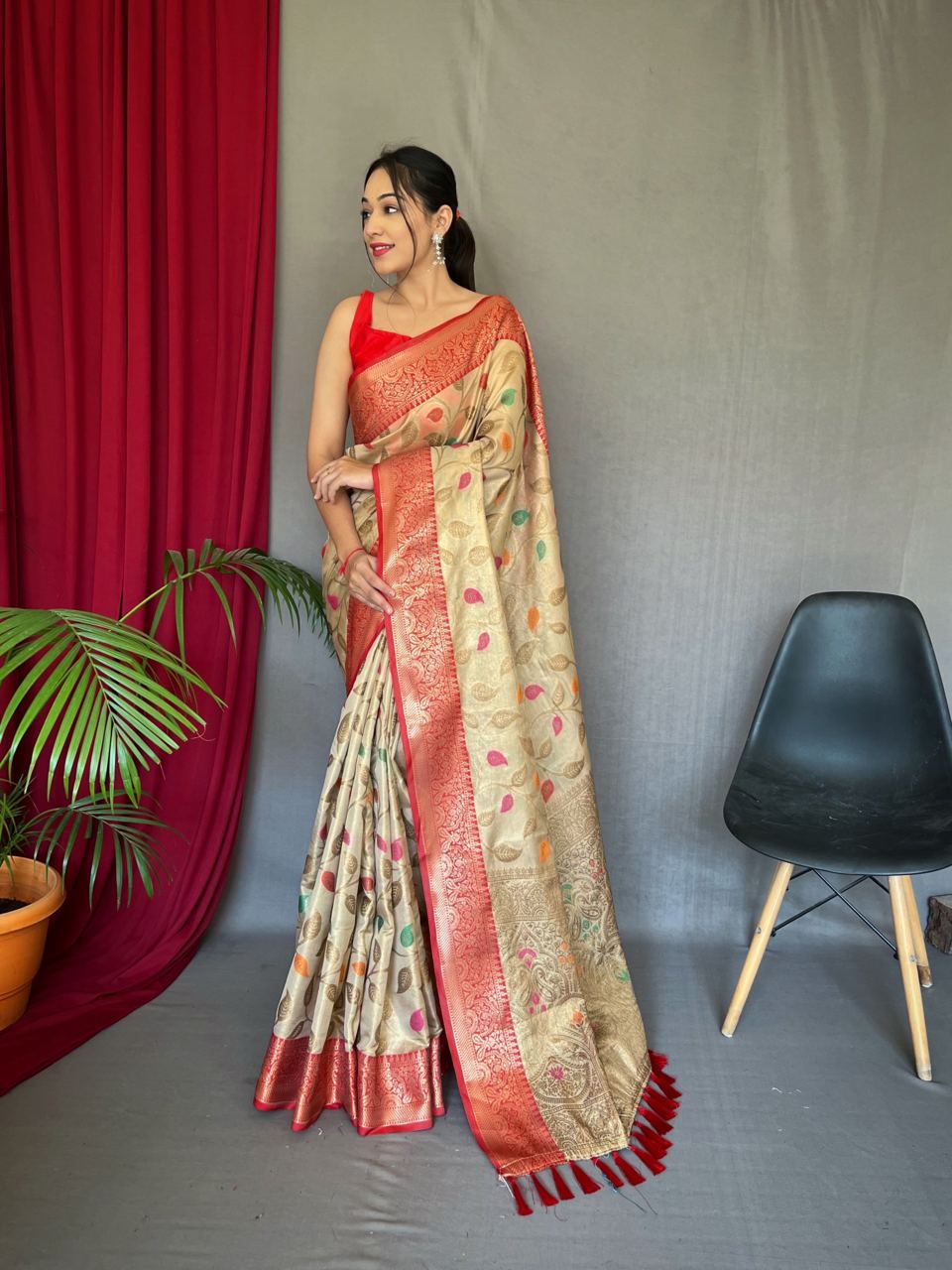 Opulent Cream Color Zari Weaving Work Saree
