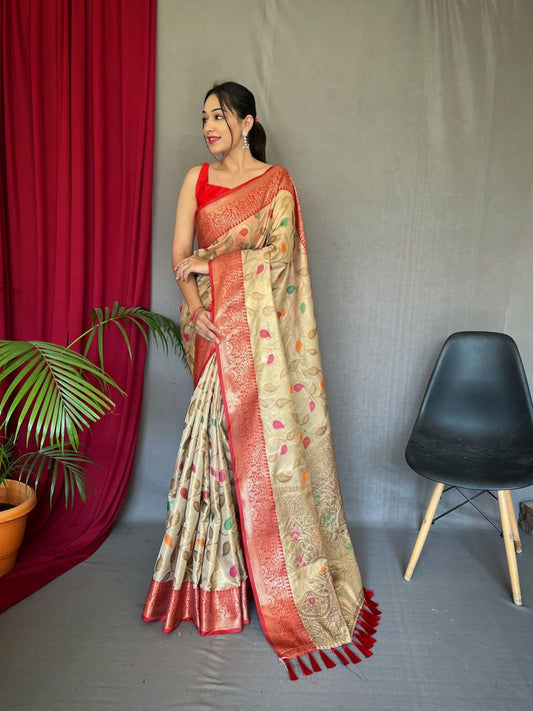 Opulent Cream Color Zari Weaving Work Saree