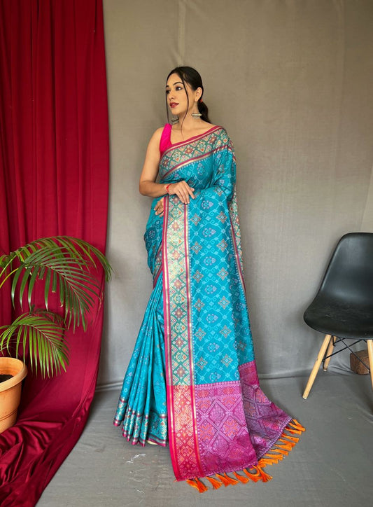 Wedding Wear Sky Blue Color Meenakari Patola Saree