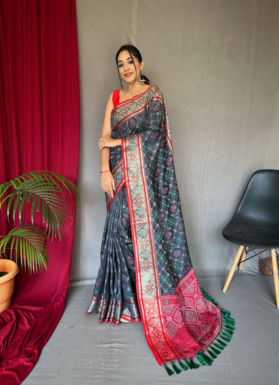 Wedding Wear Black Color Meenakari Patola Saree