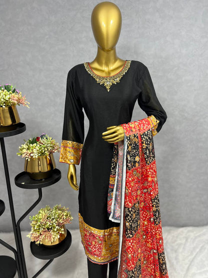 Excellent Sequence Work With Multi Print Black Kurti Set