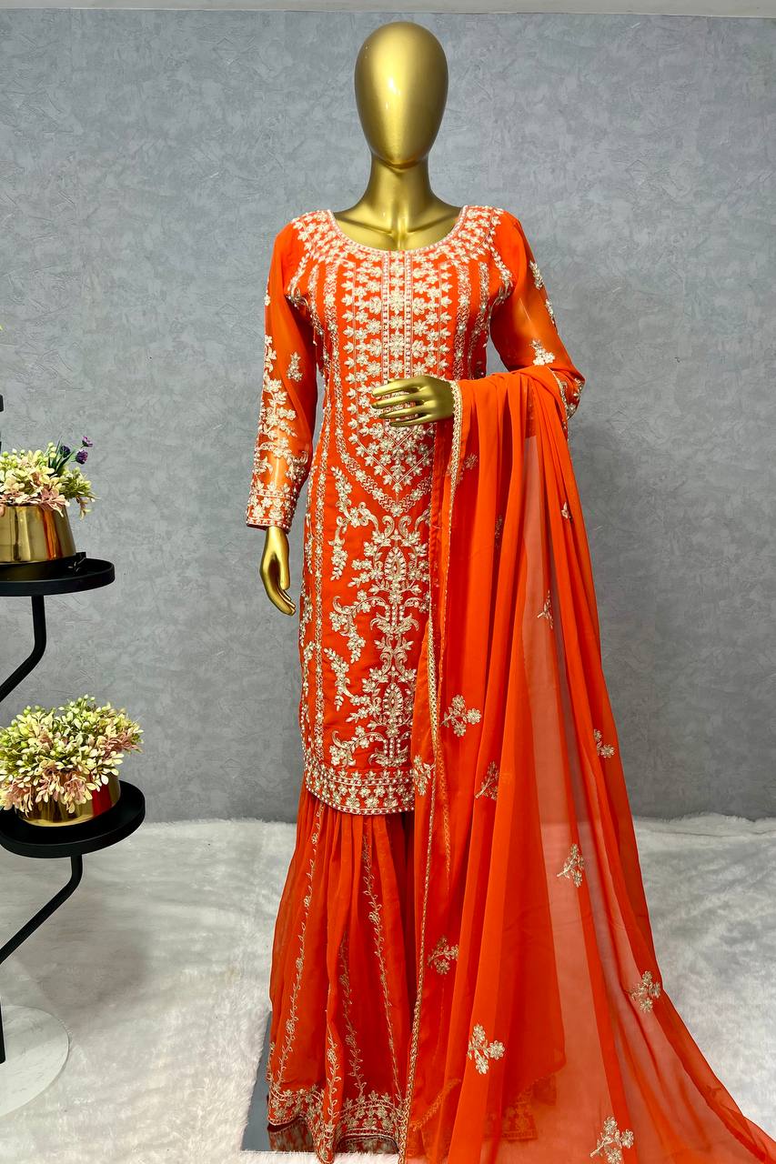 Function Wear Orange Embellished Sequence Sharara Suit