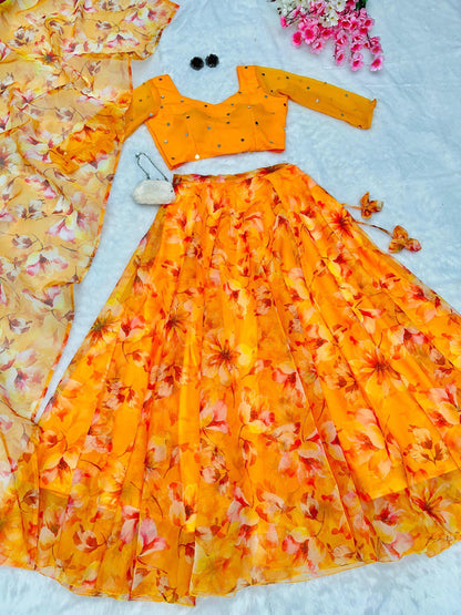 Flower Print Yellow Fully Stitched Organza Silk Lehenga Choli