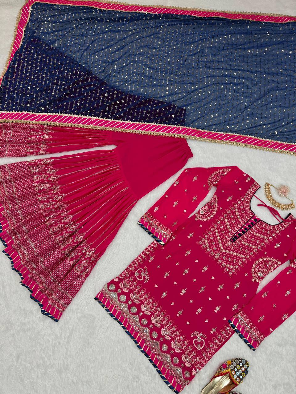 Glimmering Thread With Sequence Pink Sharara Suit