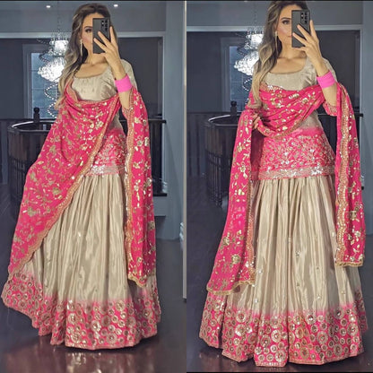 Cream Color Heavy Pure Chinon And Digital Print With 5mm Sequence Work Top With Lehenga