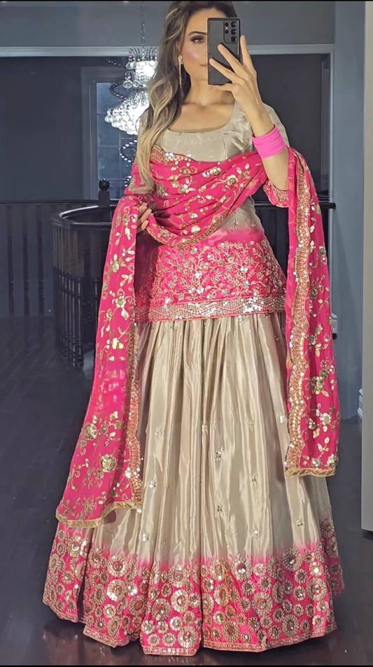 Cream Color Heavy Pure Chinon And Digital Print With 5mm Sequence Work Top With Lehenga