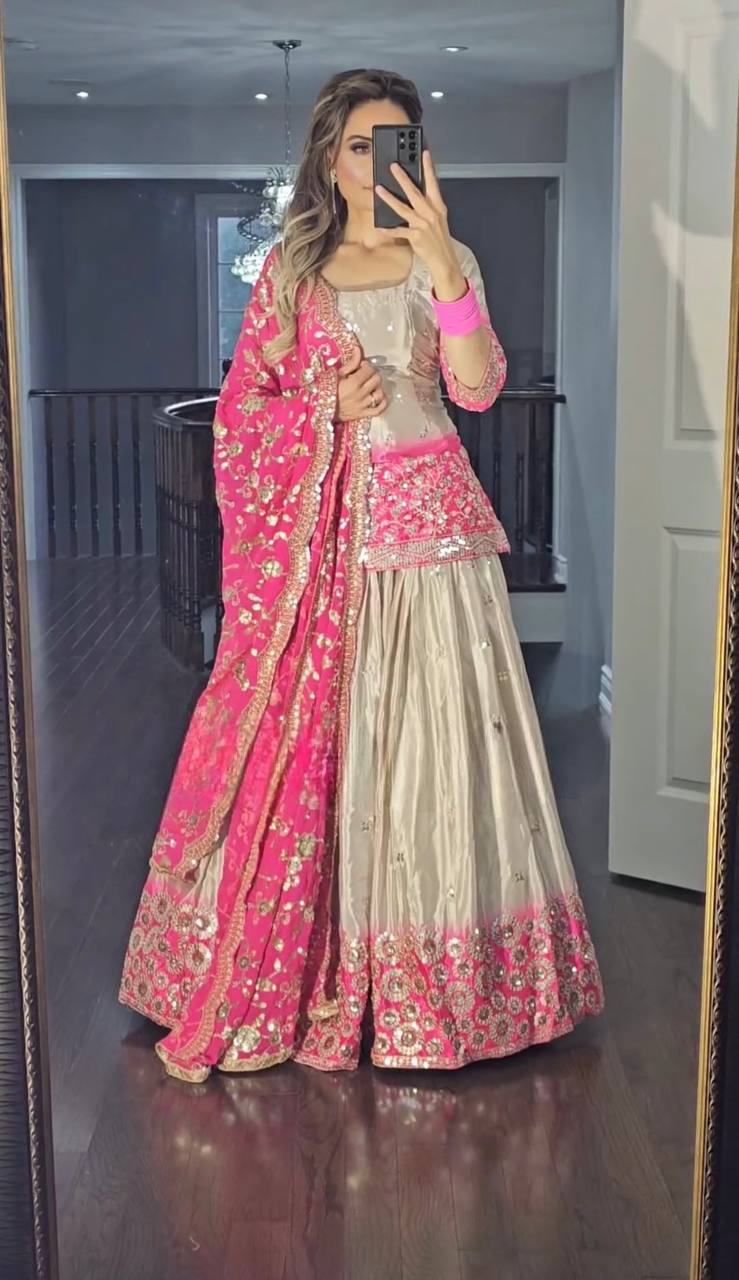 Cream Color Heavy Pure Chinon And Digital Print With 5mm Sequence Work Top With Lehenga