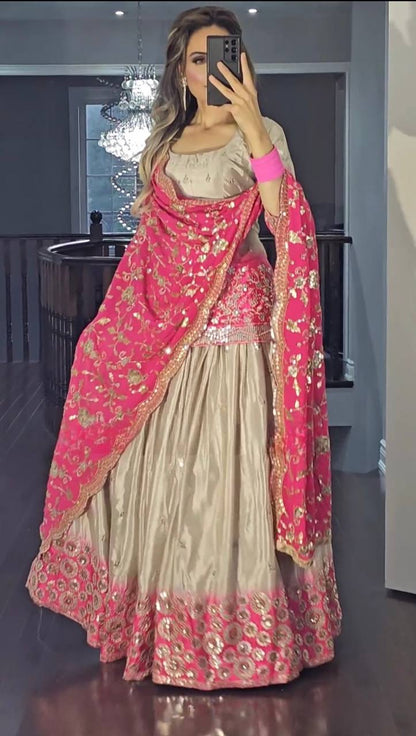 Cream Color Heavy Pure Chinon And Digital Print With 5mm Sequence Work Top With Lehenga