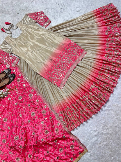 Cream Color Heavy Pure Chinon And Digital Print With 5mm Sequence Work Top With Lehenga