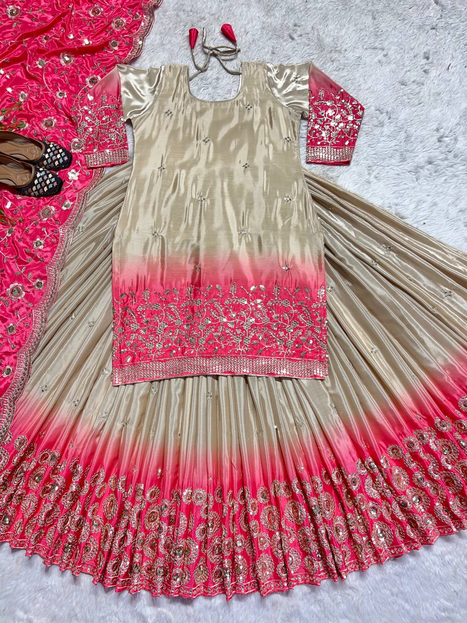 Cream Color Heavy Pure Chinon And Digital Print With 5mm Sequence Work Top With Lehenga