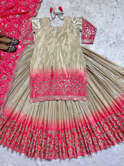 Cream Color Heavy Pure Chinon And Digital Print With 5mm Sequence Work Top With Lehenga