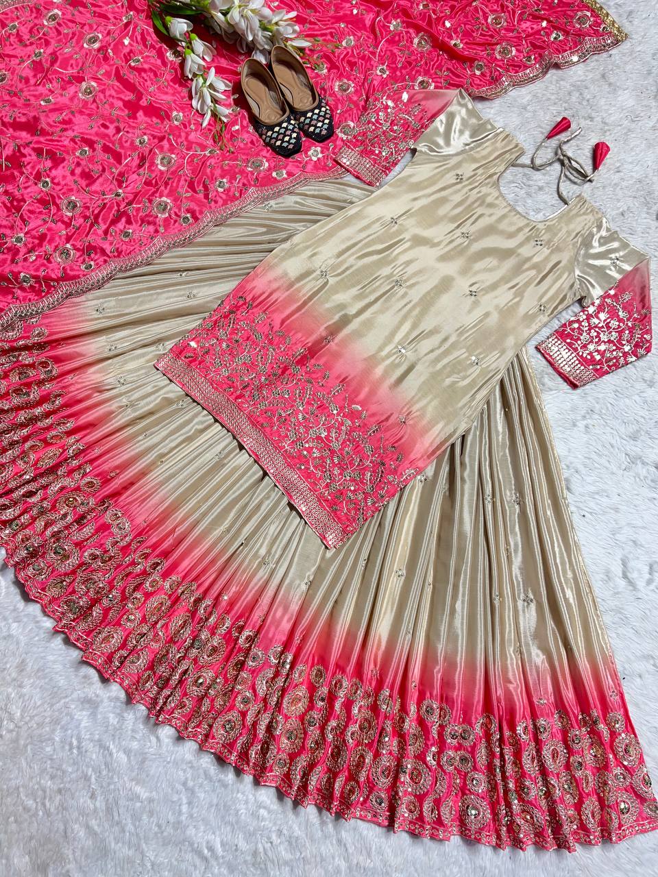 Cream Color Heavy Pure Chinon And Digital Print With 5mm Sequence Work Top With Lehenga