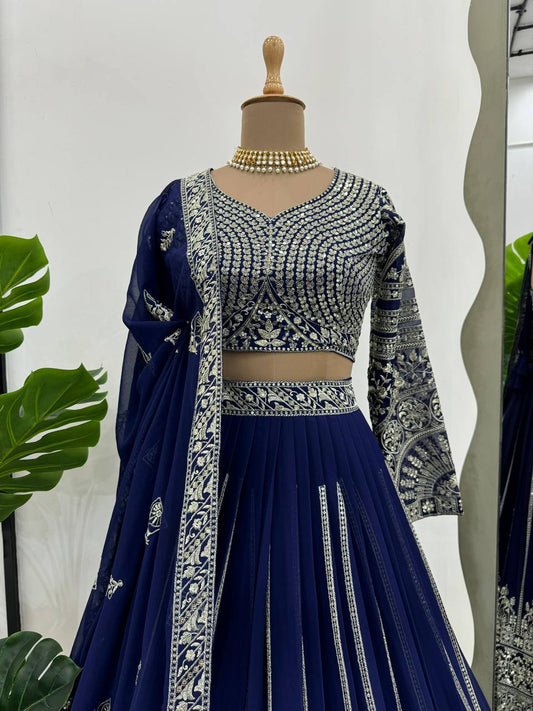 Pattern Wedding & Party Wear Thread With Sequence Work Blue Color Lehenga choli