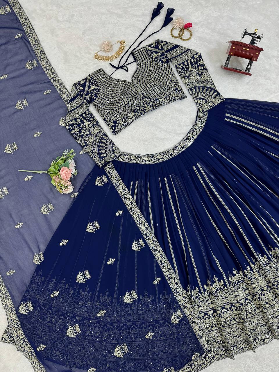 Pattern Wedding & Party Wear Thread With Sequence Work Blue Color Lehenga choli
