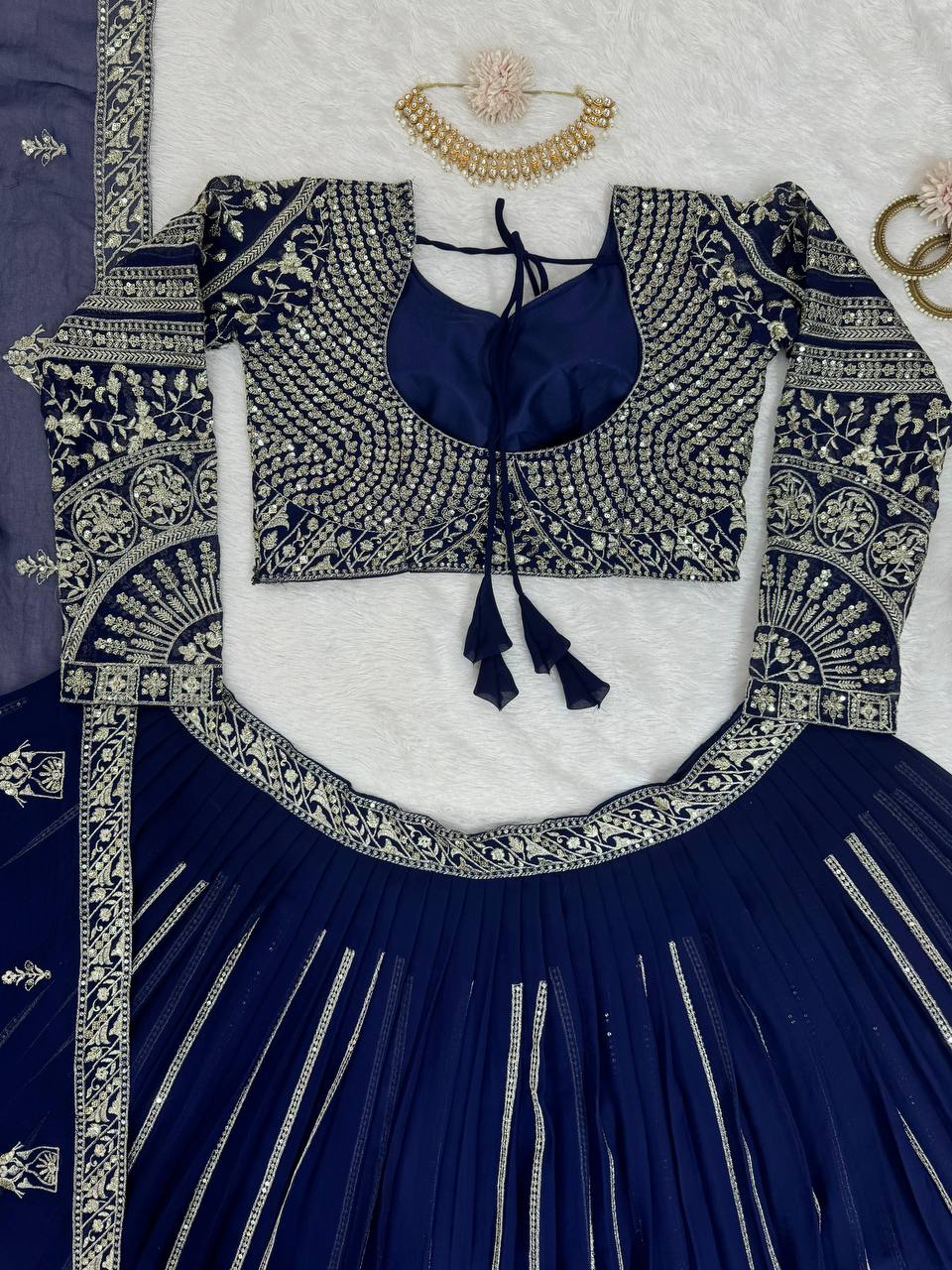 Pattern Wedding & Party Wear Thread With Sequence Work Blue Color Lehenga choli