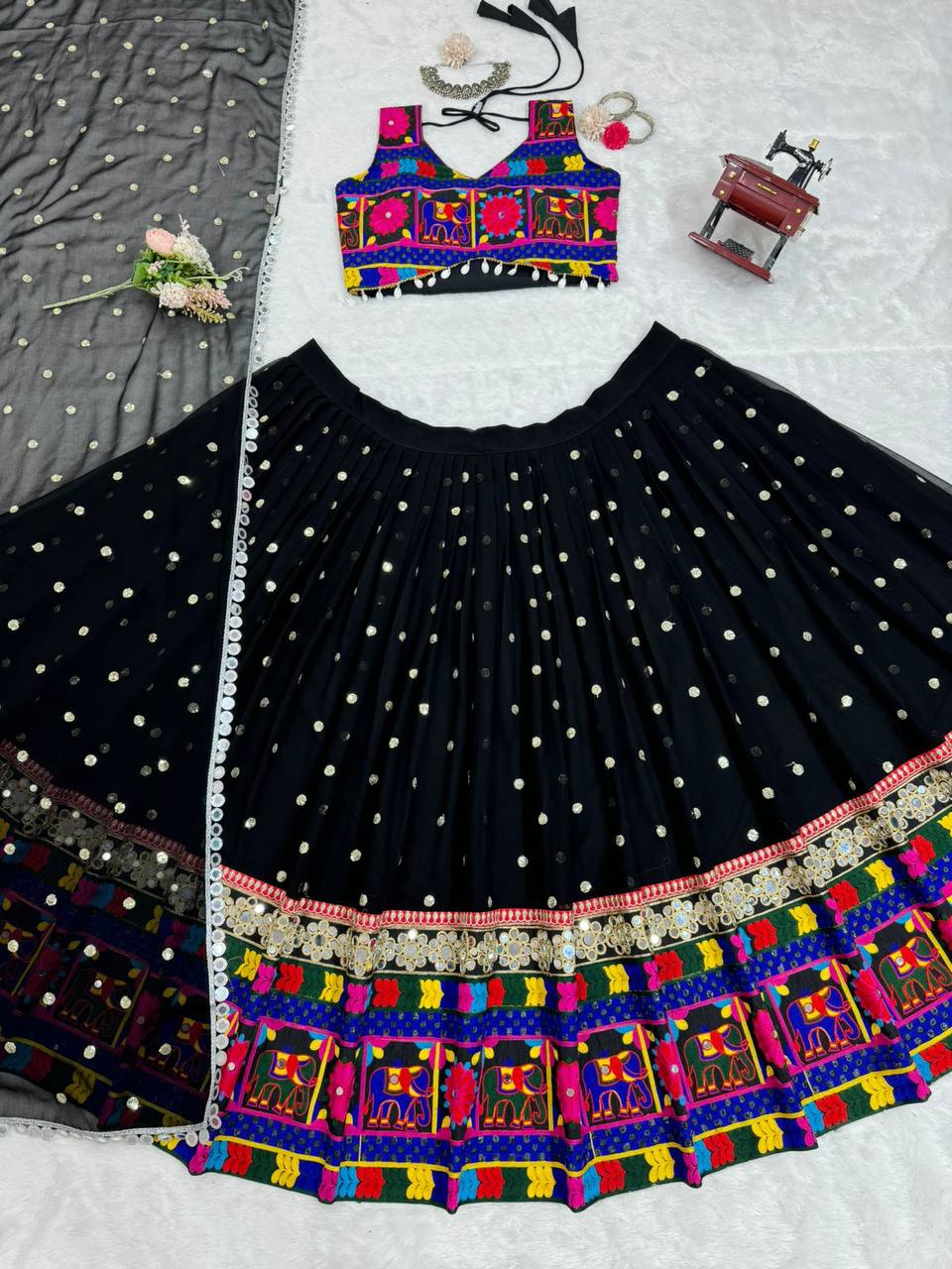 Traditional Wear Black Color Georgette Heavy Gamthi Work Navratri Lehenga Choli