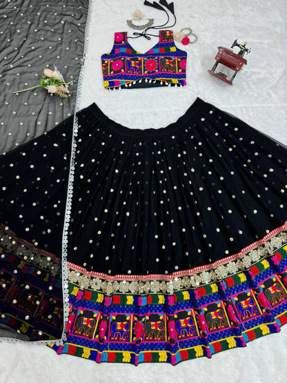 Traditional Wear Black Color Georgette Heavy Gamthi Work Navratri Lehenga Choli