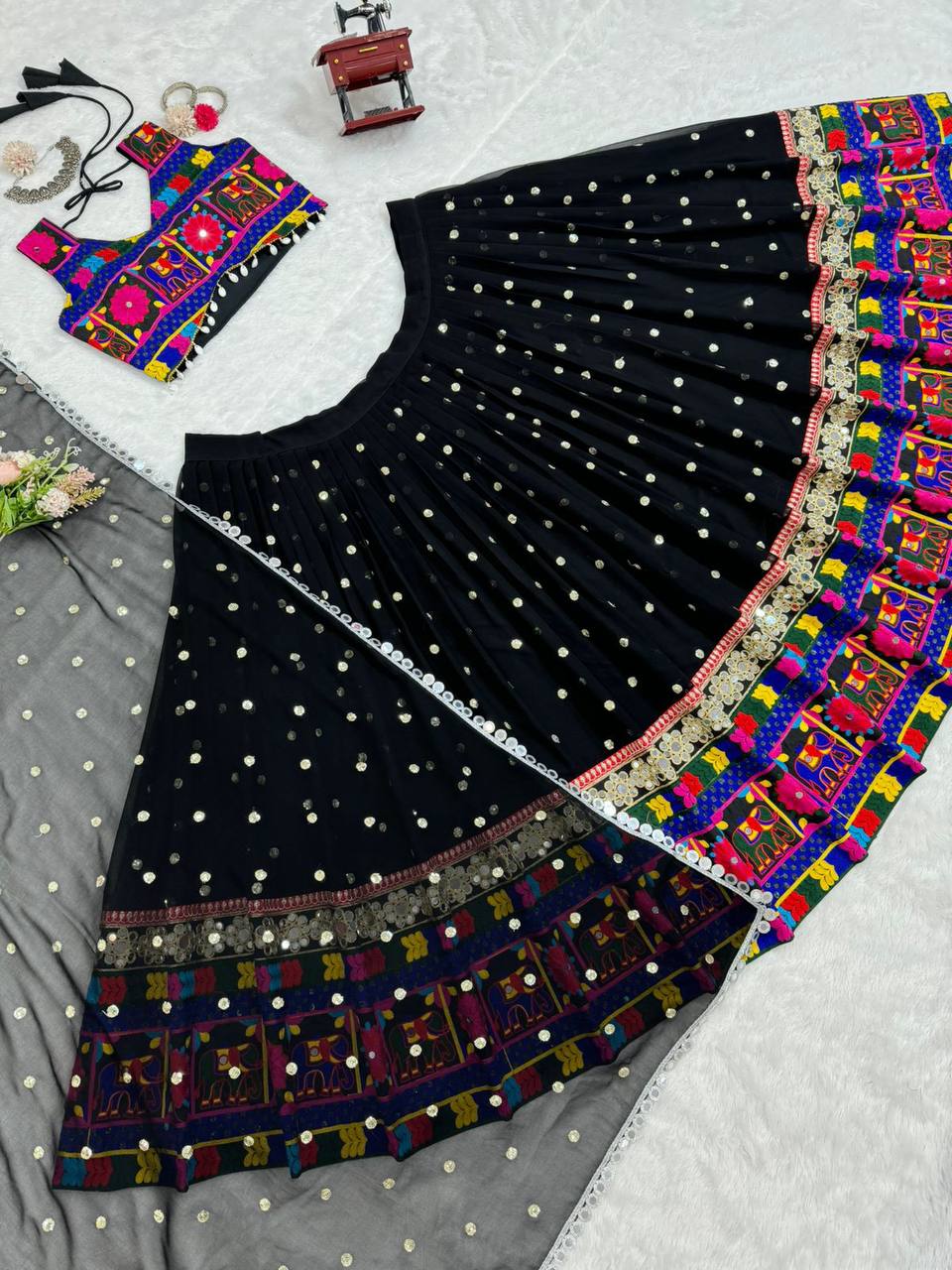 Traditional Wear Black Color Georgette Heavy Gamthi Work Navratri Lehenga Choli