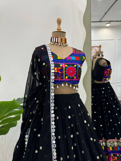 Traditional Wear Black Color Georgette Heavy Gamthi Work Navratri Lehenga Choli