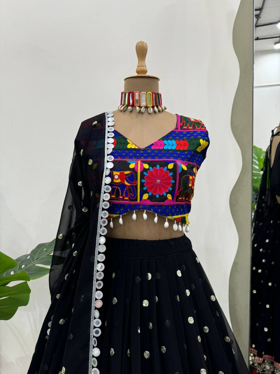 Traditional Wear Black Color Georgette Heavy Gamthi Work Navratri Lehenga Choli