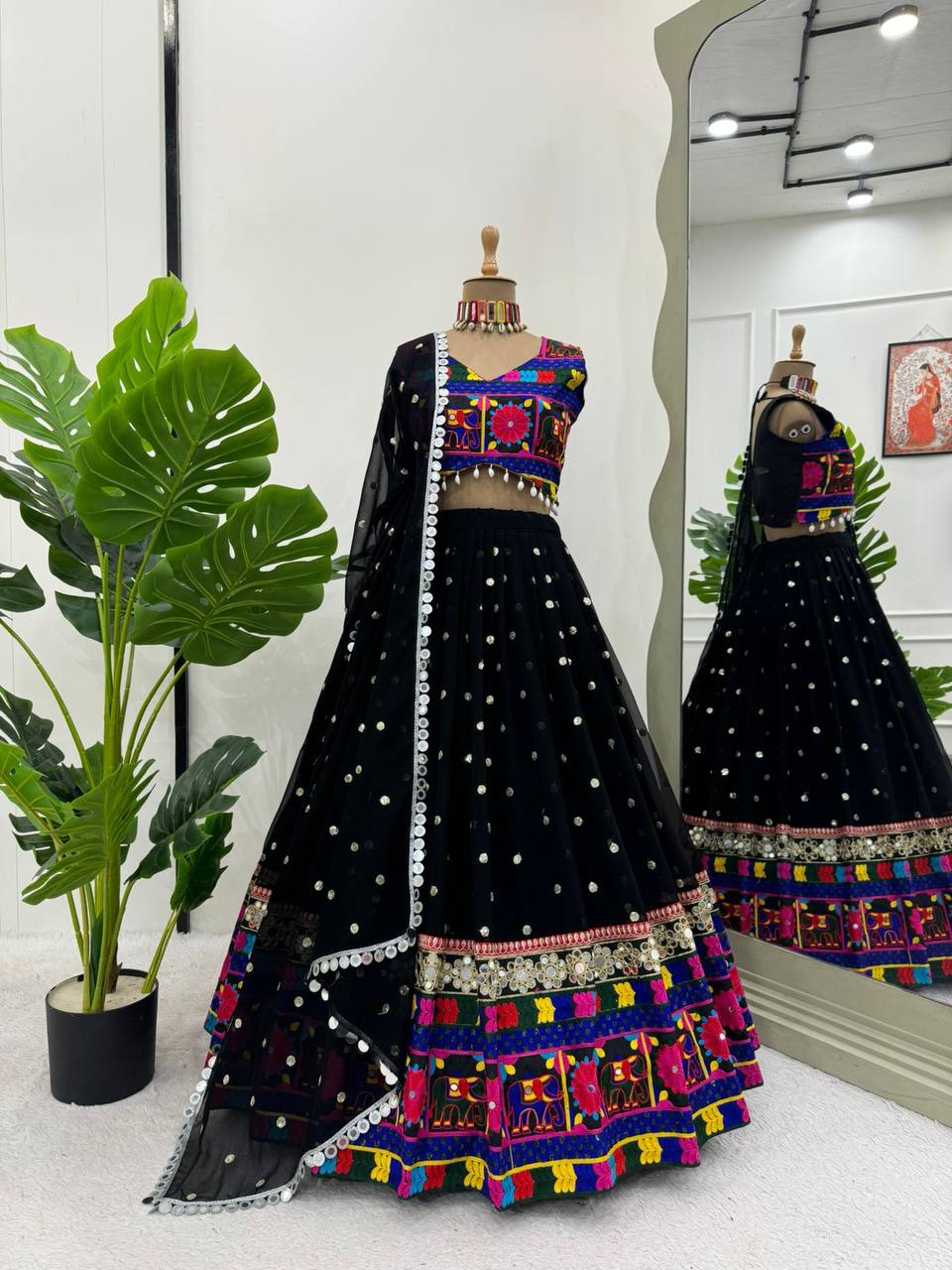 Traditional Wear Black Color Georgette Heavy Gamthi Work Navratri Lehenga Choli