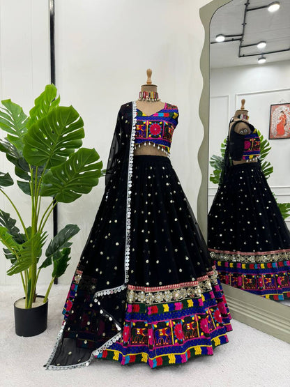 Traditional Wear Black Color Georgette Heavy Gamthi Work Navratri Lehenga Choli