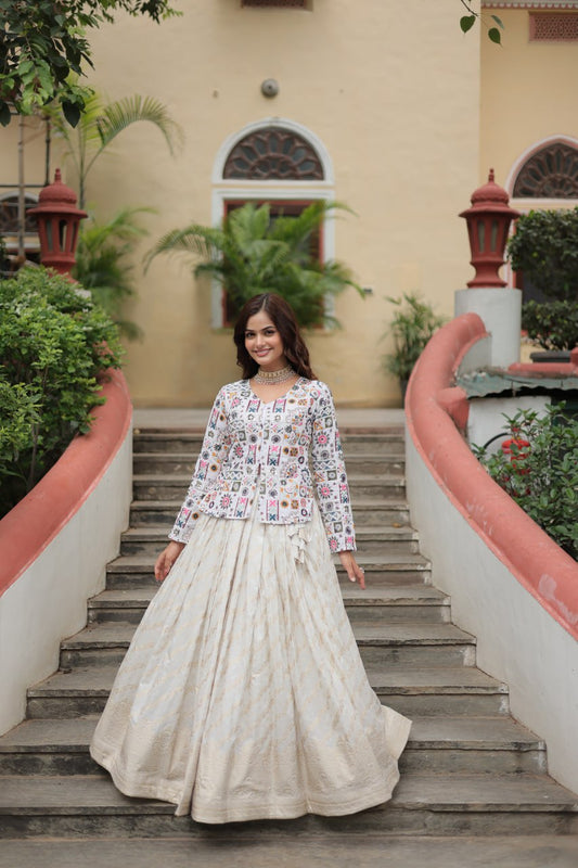 Fabulous Embroidered Work White Color Top With Lehenga