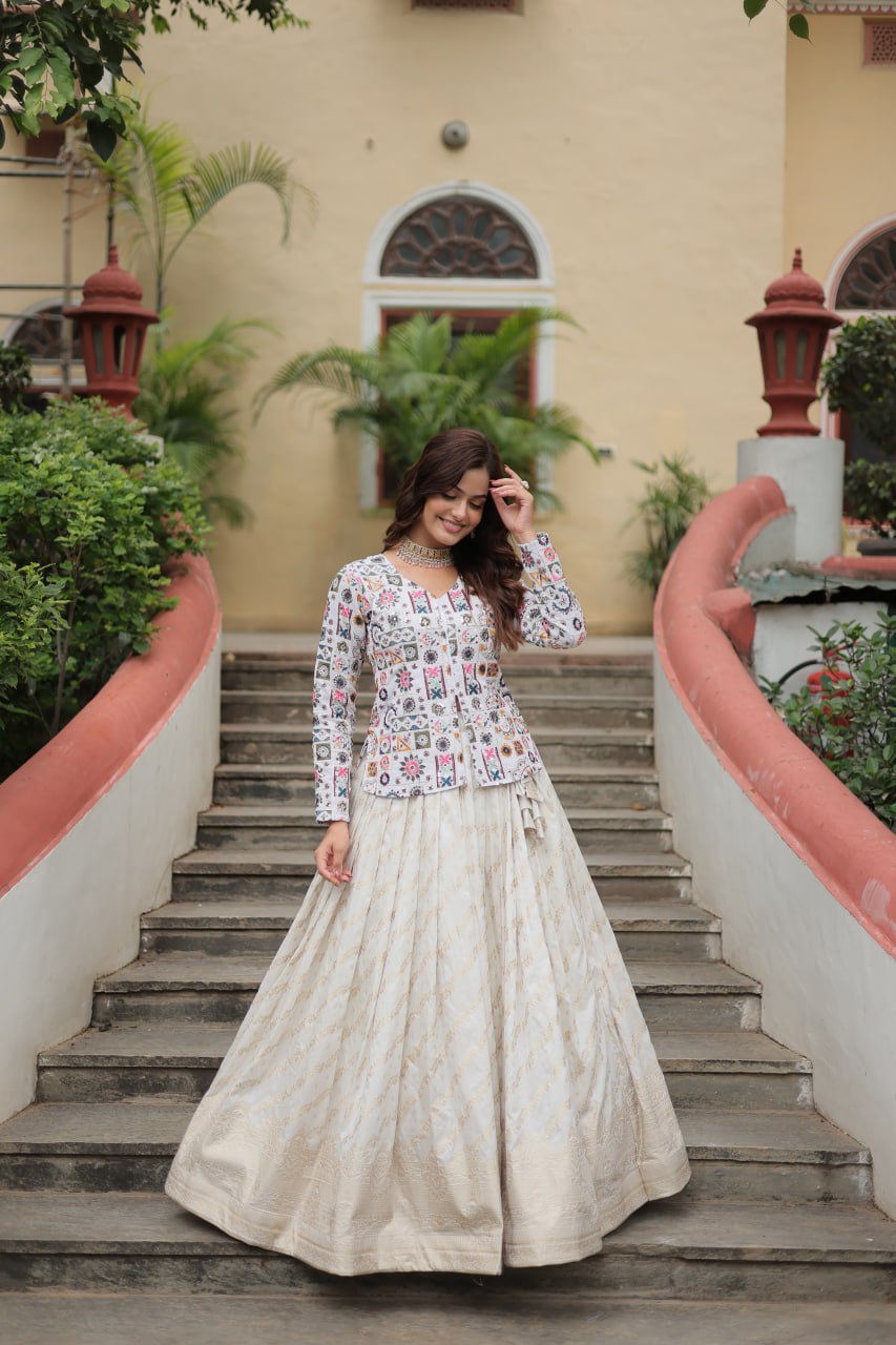 Fabulous Embroidered Work White Color Top With Lehenga