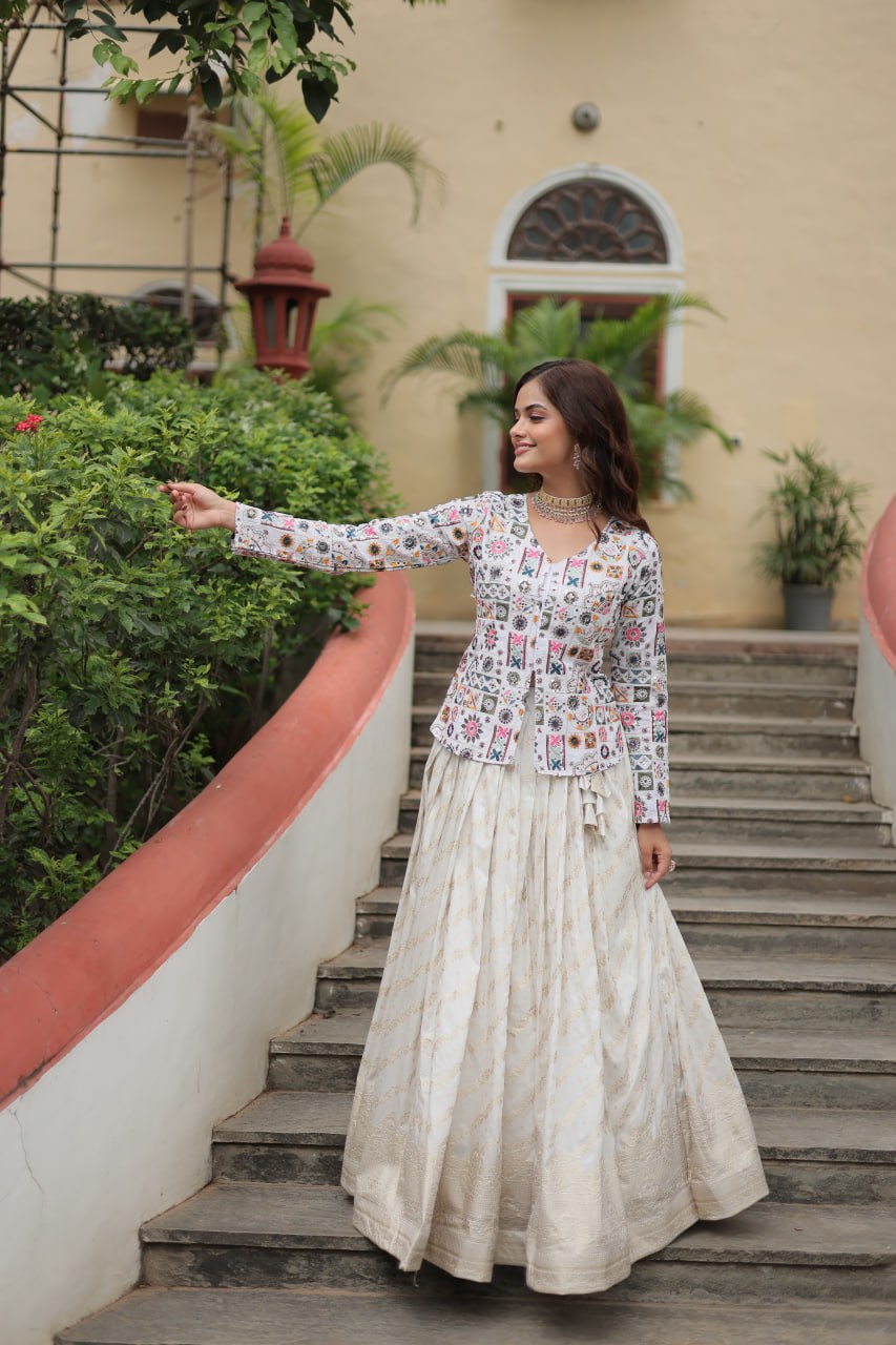 Fabulous Embroidered Work White Color Top With Lehenga
