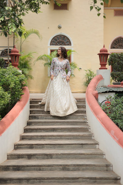 Fabulous Embroidered Work White Color Top With Lehenga