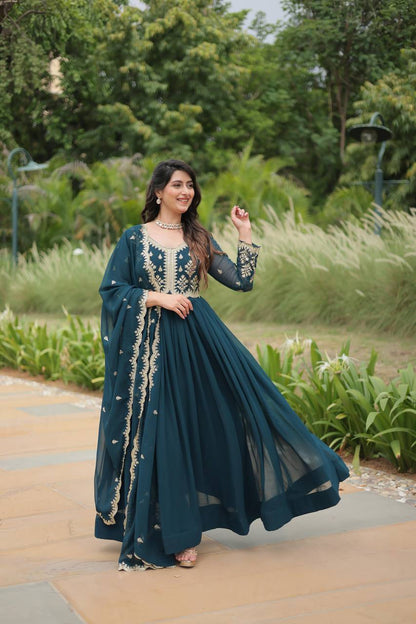 Shining Sequin Work Aqua Blue Color Long Gown